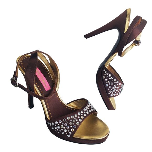 Betsey Johnson Shoes - Betsey Johnson Cristie Platform Heels 7 Strappy Rhinestone Brown Gold Open Toe